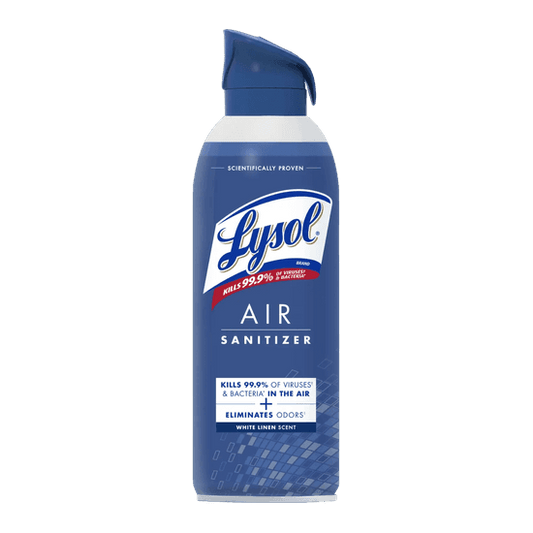 Reference image: Lysol Air Sanitizer White Linen. Size, scent, formula, packaging and case quantity may differ. The title and listed specifications describe the item offered; follow its label for use and safety.