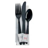 WNA black fork, knife and spoon kit with napkin and condiments family reference. Pictured style, color, plastic material, wrapping and kit components may differ. Supplied specifications and quantity are those in this listing.