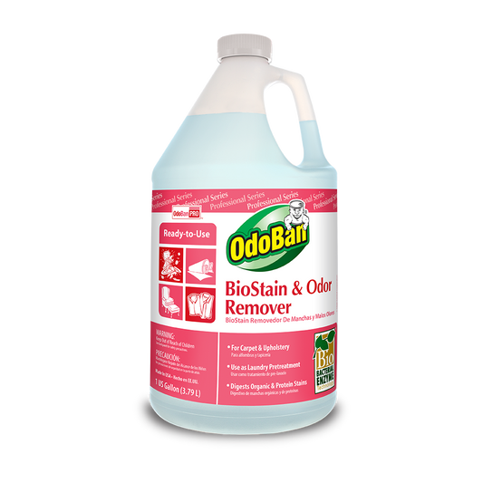 OdoBan BioStain and Odor Remover gallon manufacturer product photo. Packaging artwork may vary; quantity is specified in this listing. Follow the supplied product label for use instructions.