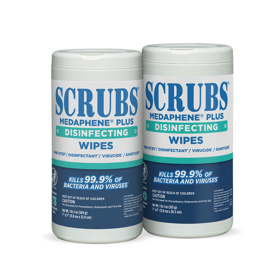 SCRUBS Medaphene Plus disinfecting wipes manufacturer family photo showing 73-count and 90-count canisters. This listing supplies the stated 73-count size and case quantity. Follow the supplied product label for use instructions.