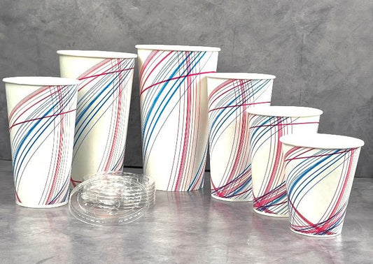 Continental Cup paper cold-cup family reference showing Bella-printed cups in several sizes and separate lids. This listing supplies white cups in the stated capacity and quantity; lids are not included unless explicitly listed.