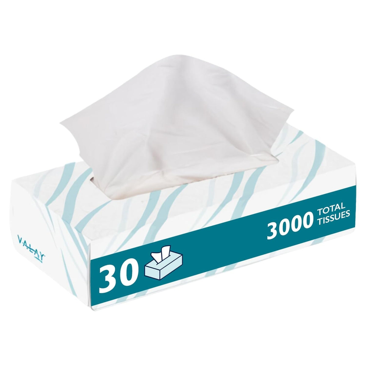 Morcon 7.5" x 7.5" Valay Facial Tissue White, 2-Ply, 85 Sheets, Cubed Box 36 / cs — Representative Morcon product-family photo. Pictured model, dimensions, color, sheet format, packaging and quantity may differ; refer to this listing for supplied specifications. A flat facial-tissue box is pictured; box shape and the 30-box/3000-tissue graphic are illustrative and do not override this listing’s supplied box format and quantity.