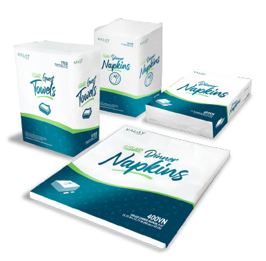 Morcon Morsoft Multi-fold Paper Towels Kraft 1-Ply 9.05" x 9.25" 16 / 250 cs — Representative Morcon product-family photo. Pictured model, dimensions, color, sheet format, packaging and quantity may differ; refer to this listing for supplied specifications. Valay folded guest-towel packaging appears in a manufacturer assortment with napkins; only the listed paper towels are supplied. Fold, paper grade and color may differ from the pictured guest towel.