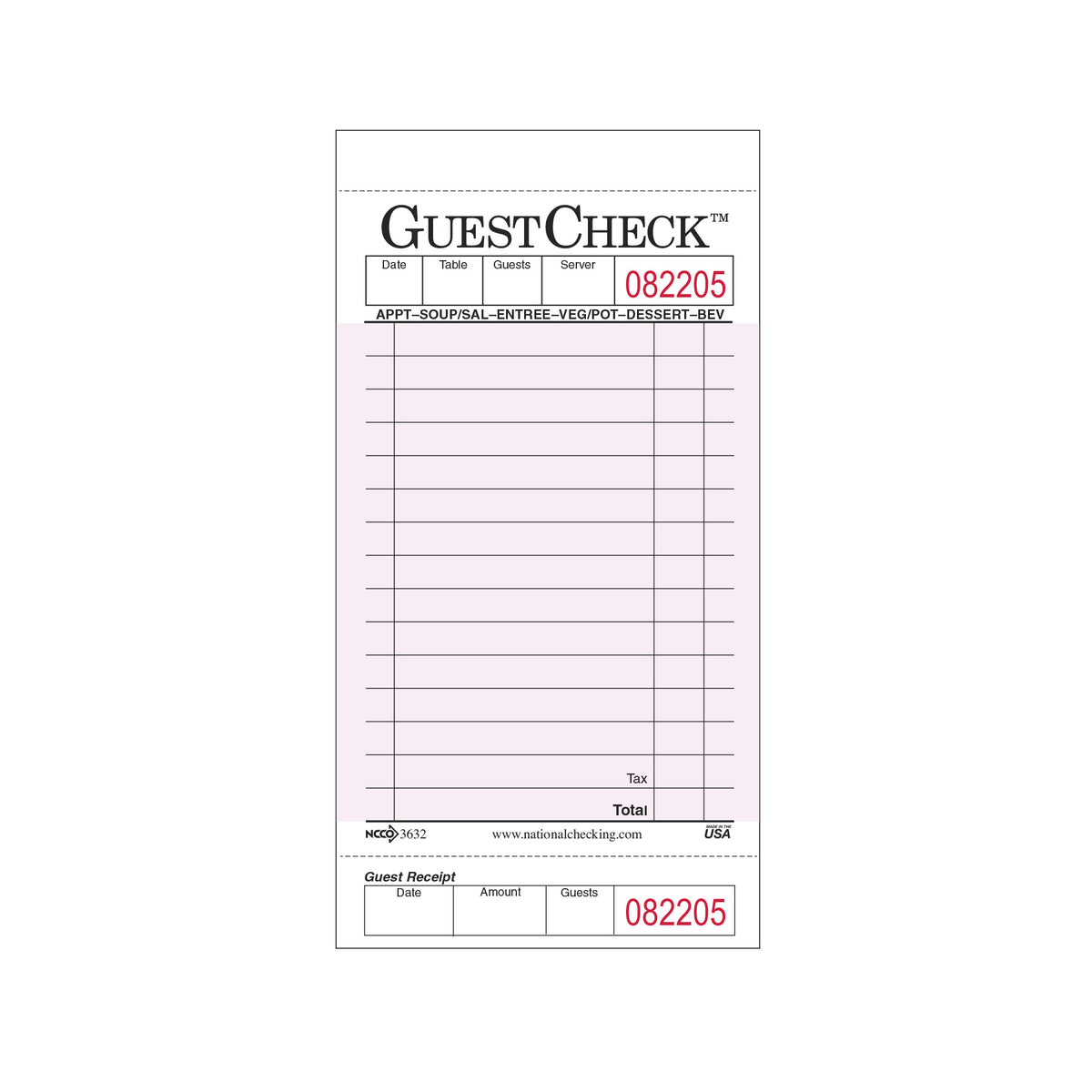 National Checking Single Copy Cardboard Guest Check 3.5" x 6.75" Pink Shrink Pack Med 50 / 50 cs — manufacturer photo