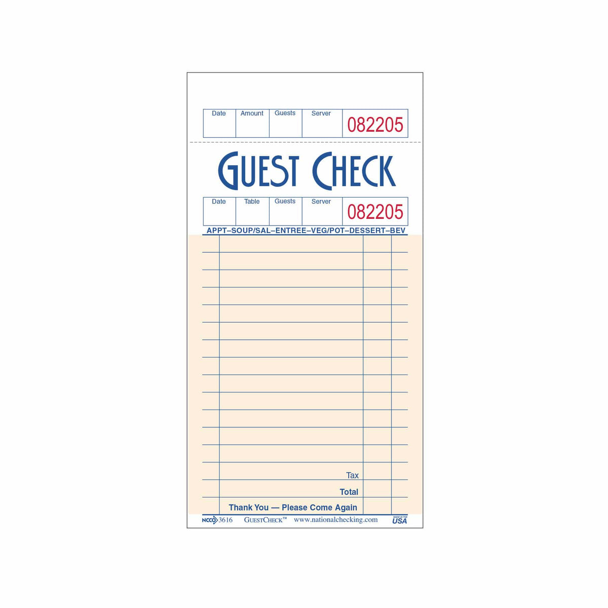 National Checking Single Copy Paper Guest Check 3.50" x 6.75" Salmon Bulk Pack Med 50 / 100 cs — manufacturer photo