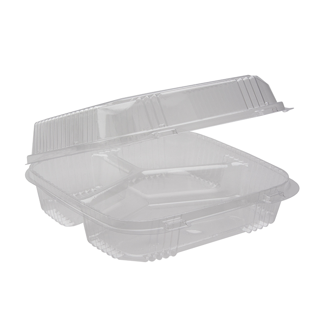 Novolex - Pactiv Clear Medium Hinged Lid Container With 3 Compartment Tray 200 / cs; official manufacturer photograph for YCI811230000