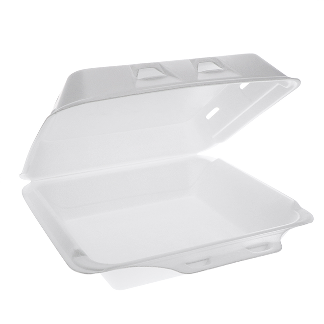 Novolex - Pactiv Foam Hinged Lid Container 9" x 9.5" x 3.3" White 150 / cs; manufacturer item reference photograph