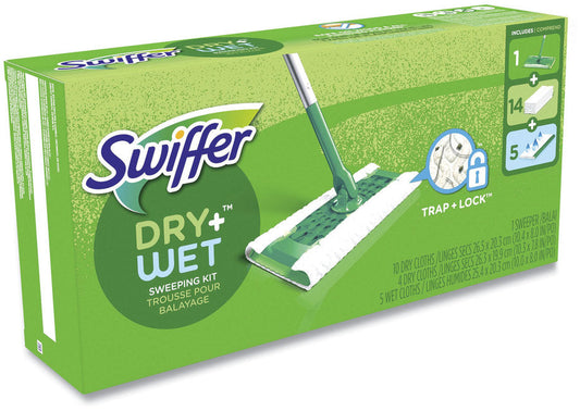 P&G Professional Swiffer Sweeper Mop Starter Kit Sweeper, 5 Dry Cloths, & 3 Wet Pads 6 / cs; Representative photo of the same brand and product type. Scent, formula, size, packaging and pack quantity shown may differ; this listing's specifications apply.