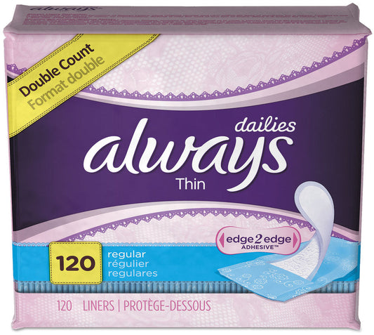 P&G Professional Always Daily Fresh Thin Liners 120 ct, Regular Absorbency , 2X 6 / cs; Representative Always Daily Fresh Thin Liners product photo. Size, scent, packaging and pack quantity shown may differ; this listing's specifications apply.