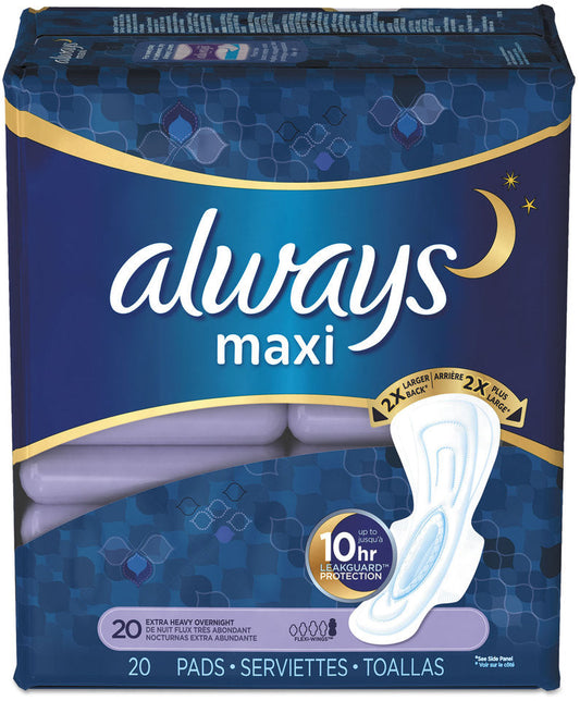 P&G Professional Always Maxi Overnight Pads w/ Wings 20 ct, Size 5 Extra Heavy Absorb. 6 / cs; Representative Always Maxi Overnight Pads w/ Wings product photo. Size, scent, packaging and pack quantity shown may differ; this listing's specifications apply.