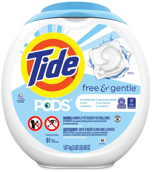 P&G Professional Tide PODS Liquid Laundry Detergent 81 Count Free & Gentle 4 / cs; Representative Tide PODS Liquid Laundry Detergent product photo. Size, scent, packaging and pack quantity shown may differ; this listing's specifications apply.