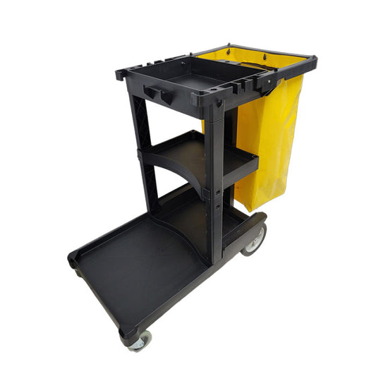 Representative product-type reference photo. The yellow janitor-cart bag is shown fitted to a cart for context. This listing supplies bags only; the cart and other accessories are not included. Listed item: ABCO Vinyl Janitor Cart Bag w/ Zipper To Use w/ PPJC-274JC3B-EA Yellow 4 / cs. The listing's written specifications and quantity apply.