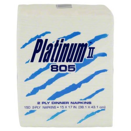 Reference image: Royal Paper Converting Platinum napkin family photo showing Platinum II 805 white 2-ply dinner napkins in a 150-count package. The package label is a reference only; this listing supplies the listed white 2-ply dinner napkins. Fold, dimensions, ply, package design and quantity may differ; the supplied specifications and quantity are as listed above.