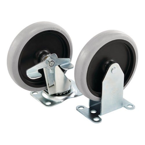 Rubbermaid 1997371 5" Replacement Casters for Utility Carts, Set of 4 | Exact-model supplier photograph shows the two caster styles; listing set contains two locking and two non-locking casters.