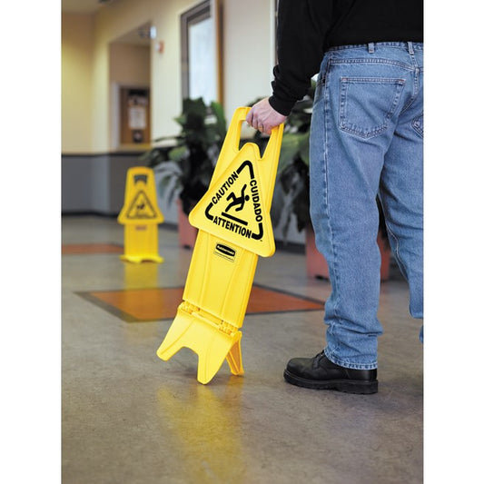 MULTILINGUAL "CAUTION" STABLE SAFETY SIGN, 2 SIDED, 26", YELLOW | Official exact-model photograph; listing pack quantity remains as stated.