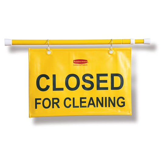 ENGLISH ONLY "CLOSED FOR CLEANING" HANGING DOORWAY SAFETY SIGN, YELLOW | Official exact-model photograph; listing pack quantity remains as stated.