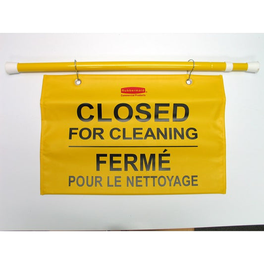MULTILINGUAL "CLOSED FOR CLEANING" HANGING DOORWAY SAFETY SIGN, YELLOW | Official exact-model photograph; listing pack quantity remains as stated.