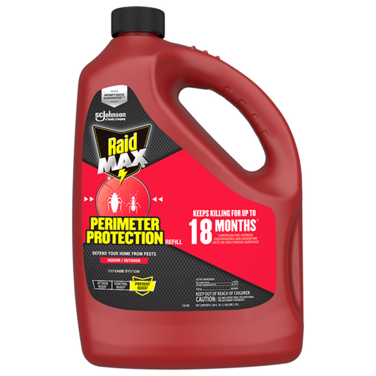 Manufacturer photo for SCJP item 316225, Raid Max Perimeter Protection 128 oz gallon refill. Shows the refill bottle; a sprayer is not pictured. Manufacturer page identifies this legacy item as discontinued. Listing quantity: 4 per case.