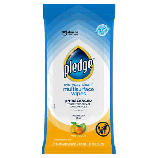 Manufacturer photo for 336274: Pledge Multi-Surface Cleaning Wipes Fresh Citrus 12 / 25 cs. The photograph illustrates the item; the listing title specifies the sale quantity. Current manufacturer packaging is shown.
