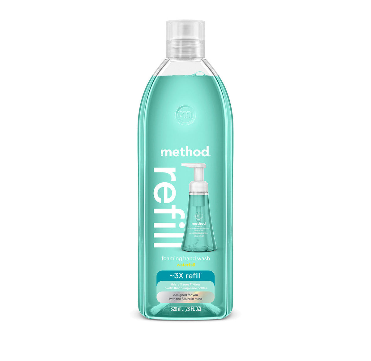 Representative product image: current foaming hand wash refill - waterfall, 28 fl oz 1 from the official Method website. Shows the same product type, scent and labeled size. Packaging and wholesale item code may differ. Listed specifications and case quantity apply.