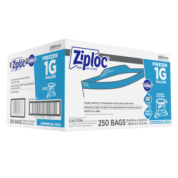 Manufacturer photo for 364937: Ziploc Brand Freezer Bags 1 Gallon 250 / cs. The photograph illustrates the item; the listing title specifies the sale quantity. Current manufacturer packaging is shown.