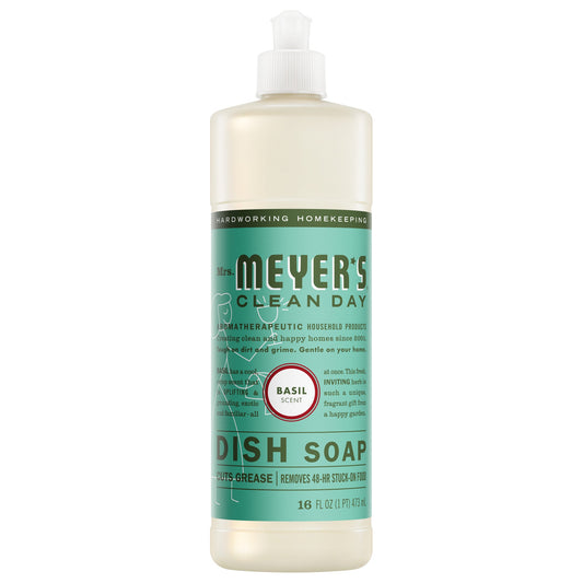 Representative product image: current Basil Dish Soap from the official Mrs. Meyer’s website. Shows the same product type, scent and labeled size. Packaging and wholesale item code may differ. Listed specifications and case quantity apply.