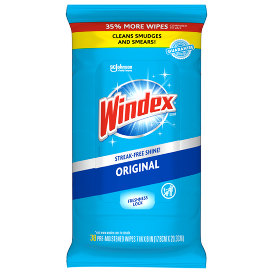 Manufacturer photo for 378032: Windex Original Glass Wipes White 38 wipes per pack 12 / cs. The photograph illustrates the item; the listing title specifies the sale quantity. Current manufacturer packaging is shown.