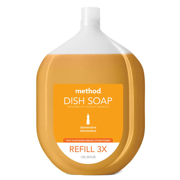 Reference image: Method Dish Soap Refill 3X 54 oz , Clementine 4 / cs. Same brand and product type; model, formula, scent, size and packaging may differ. The title and specifications describe the item offered.