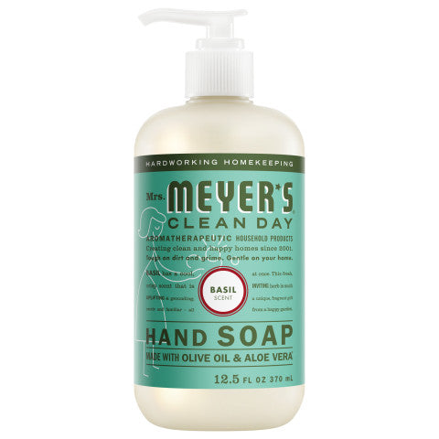 Representative product image: current Basil Liquid Hand Soap from the official Mrs. Meyer’s website. Shows the same product type, scent and labeled size. Packaging and wholesale item code may differ. Listed specifications and case quantity apply.
