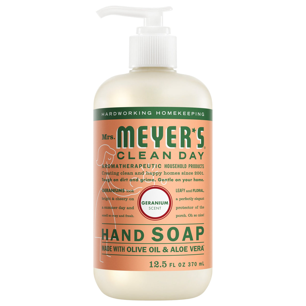 Representative product image: current Geranium Liquid Hand Soap from the official Mrs. Meyer’s website. Shows the same product type, scent and labeled size. Packaging and wholesale item code may differ. Listed specifications and case quantity apply.