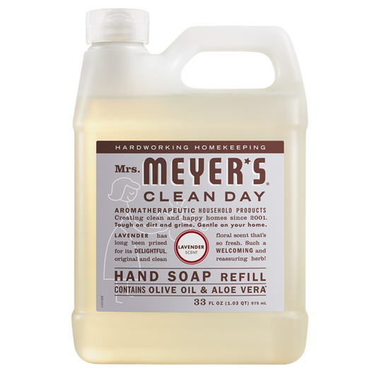 Manufacturer photo for 651318: Mrs. Meyer's Clean Day Hand Soap 33 oz. Refill, Lavender 6 / cs. The photograph illustrates the item; the listing title specifies the sale quantity. Current manufacturer packaging is shown.