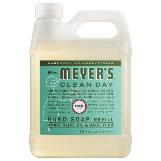 Representative product image: current Basil Liquid Hand Soap Refill from the official Mrs. Meyer’s website. Shows the same product type, scent and labeled size. Packaging and wholesale item code may differ. Listed specifications and case quantity apply.