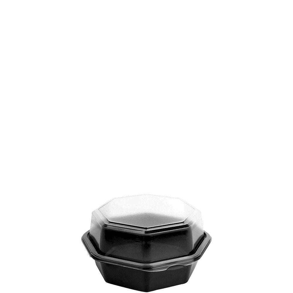 Solo Cup 862611-PS94 - 6 in PS Plastic Hinged Deep Octagon Container- Black/Clear; manufacturer catalog photo.