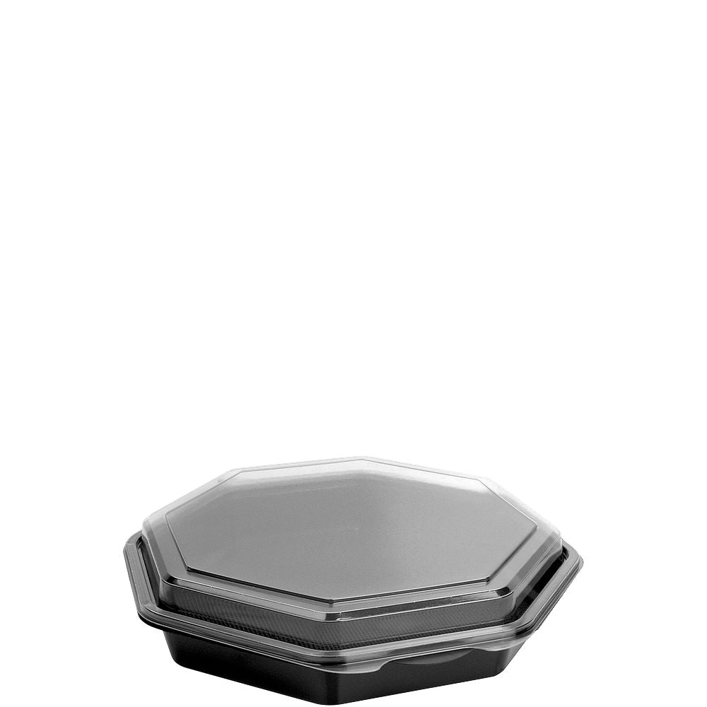 Solo Cup 864057-AP94 - 9 in PET Plastic Hinged Shallow Octagon Container- Black/Clear; manufacturer catalog photo.