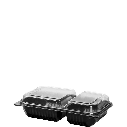 Solo Cup 919018-PM94 - 11.5 x 8 in MPS Plastic Hinged Lid 2-Compartment Dinner Box - Black/Clear; manufacturer catalog photo.