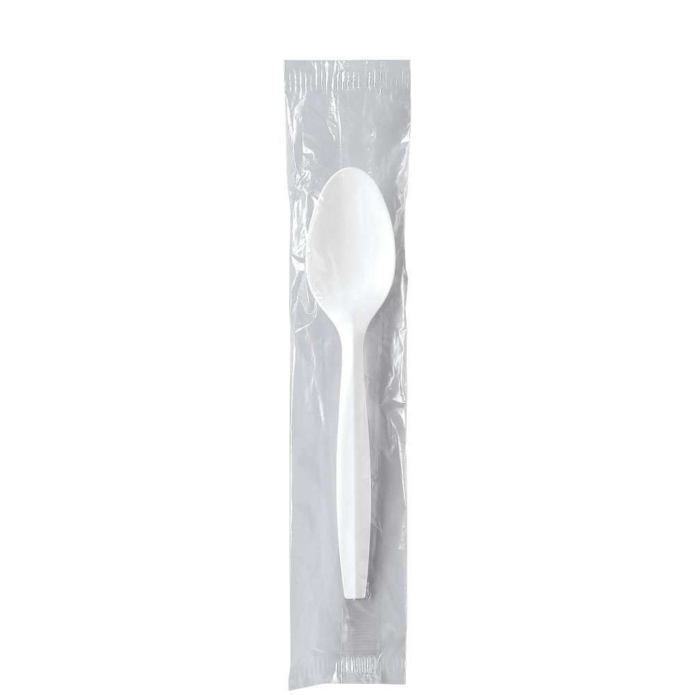 Solo Cup MOW3-0007 - Medium Weight PP Individually Wrapped Teaspoon - White; manufacturer catalog photo.