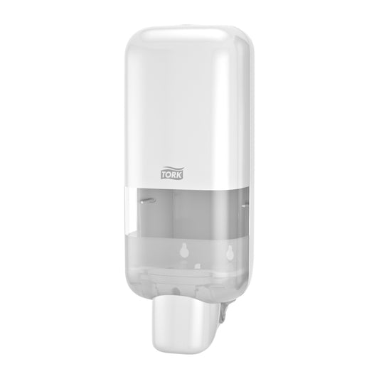 Tork 581500 white S4 manual soap and sanitizer dispenser; official manufacturer product photograph.