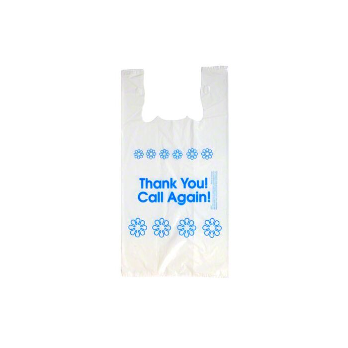 Reference image: Unistar 1367-2190 T-shirt bag with blue Thank You / Call Again print, used to illustrate this product type. The supplied bag is plain white, without the blue print shown. Dimensions, thickness, material, packaging and case count may differ from the reference bag; the photo does not establish degradability, reusable performance or other specifications.