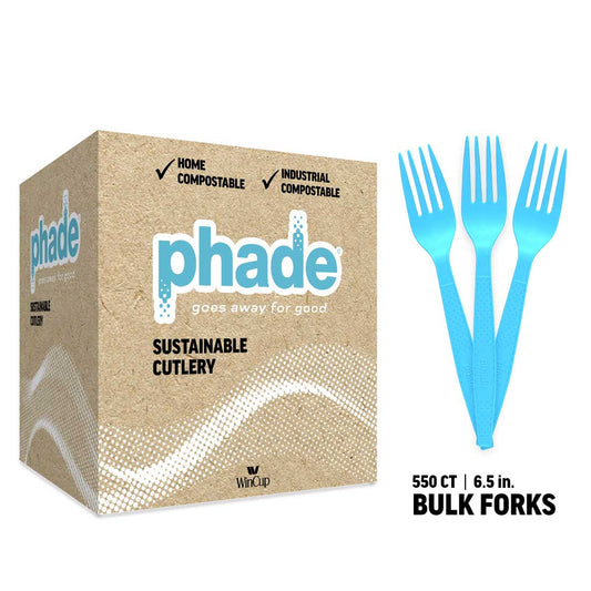 Wincup Phade Compostable Forks 6.5", Compostable, Blue 550 / cs; WinCup Phade supplier product reference photo. Packaging appearance may vary; this listing's specifications apply.