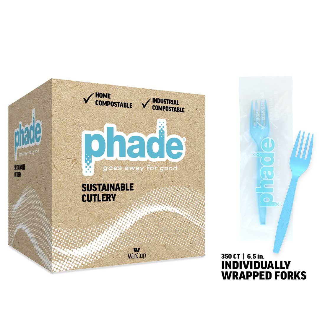 Wincup Phade Forks Individually Wrapped 6.5" Compostable, Blue 350 / cs; WinCup Phade supplier product reference photo. Packaging appearance may vary; this listing's specifications apply.