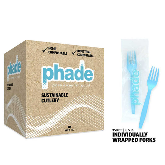 Wincup Phade Forks Individually Wrapped 6.5" Compostable, Blue 350 / cs; WinCup Phade supplier product reference photo. Packaging appearance may vary; this listing's specifications apply.