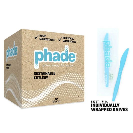 Wincup Phade Knife Individually Wrapped 7.1", Compostable, Blue 530 / cs; WinCup Phade supplier product reference photo. Packaging appearance may vary; this listing's specifications apply.