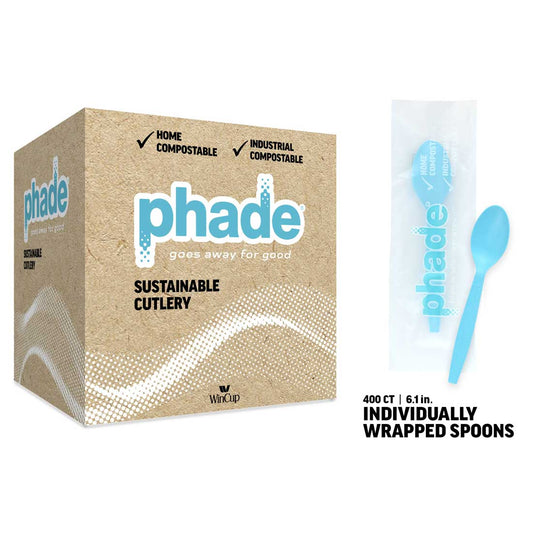 Wincup Phade Spoon Individually Wrapped 6.1", Compostable, Blue 400 / cs; WinCup Phade supplier product reference photo. Packaging appearance may vary; this listing's specifications apply.