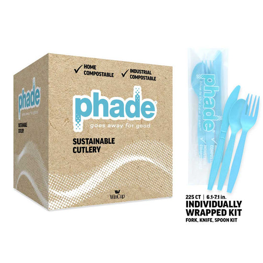 Wincup Phade Fork/Knife/Spoon Kit 6.10" - 7.10", Compostable, Blue 225 / cs; WinCup Phade supplier product reference photo. Packaging appearance may vary; this listing's specifications apply.